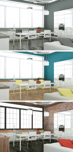 Tres variaciones de color de un diseño interior loft moderno —  Fotos de Stock