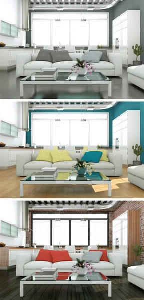 Tres variaciones de color de un diseño interior loft moderno —  Fotos de Stock