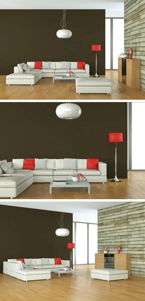 Tre viste del design moderno loft interno — Foto Stock