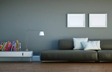 İç tasarım modern parlak oda kahverengi kanepe