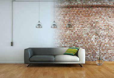 İç tasarım modern parlak oda gri kanepe