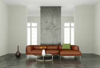 İç tasarım modern parlak oda kahverengi kanepe