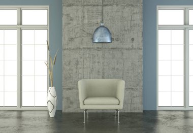 İç tasarım parlak oda beyaz koltuk ile