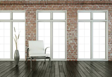 İç tasarım parlak oda beyaz koltuk ile