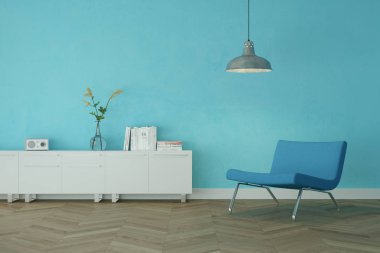 Mavi duvar önünde mavi sandalye ile parlak Oda