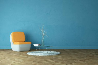 Parlak mavi bir duvarın önünde turuncu tekli oda