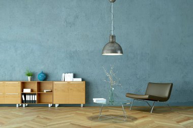 Mavi duvar önünde gri sandalye ile parlak Oda