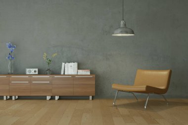 Gri bir duvar önünde kahverengi sandalye ile parlak Oda