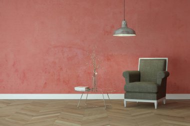 Kırmızı bir duvar önünde gri sandalye ile parlak Oda