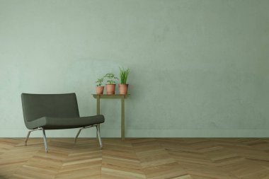 Yeşil duvar önünde gri sandalye ile parlak Oda