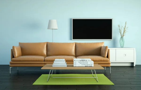 Interior design modern bright room with brown sofa — Stock Photo, Image