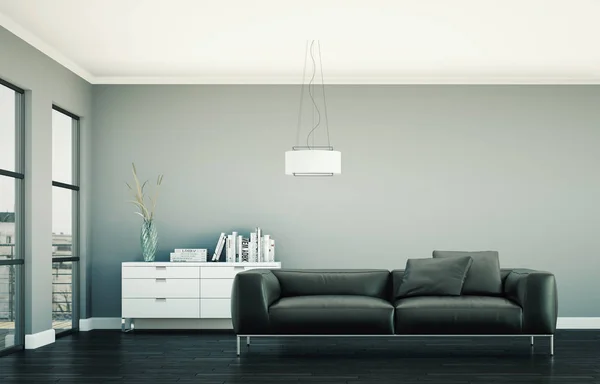 Interior design modern bright room with grey sofa — Stock Photo, Image