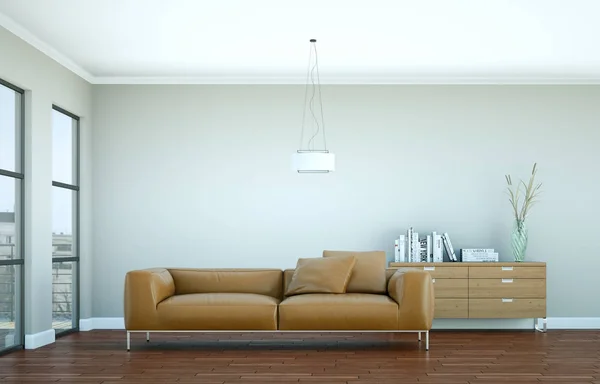 Interior design modern bright room with brown sofa — Stock Photo, Image