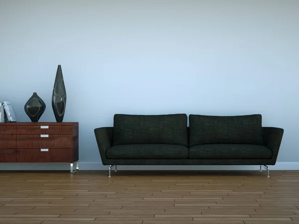 Interior design moderno camera luminosa con divano nero — Foto Stock