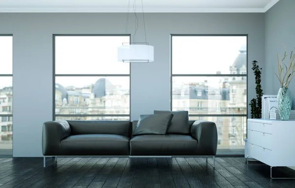 Interior design moderno camera luminosa con divano nero — Foto Stock