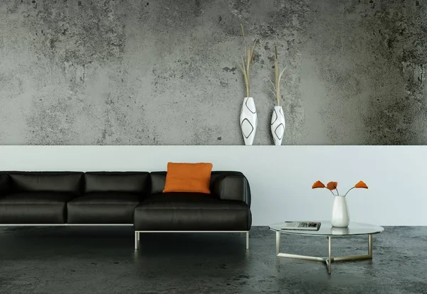 Habitación luminosa moderna de diseño interior con sofá negro — Foto de Stock