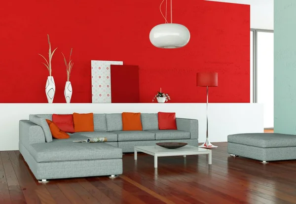 Interieur design moderne lichte kamer met grijze bank — Stockfoto