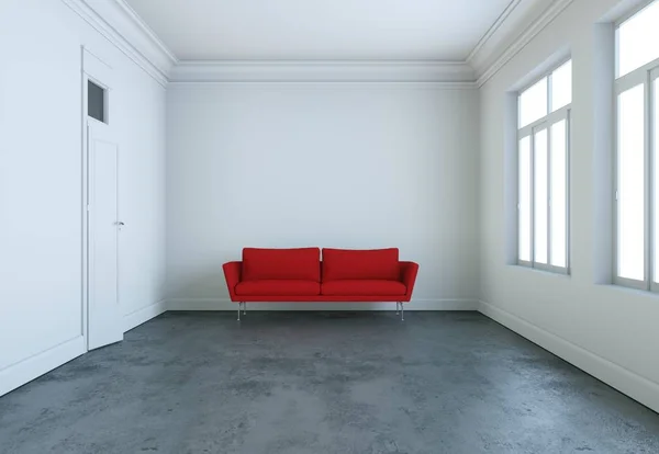 Habitación luminosa moderna de diseño interior con sofá rojo — Foto de Stock