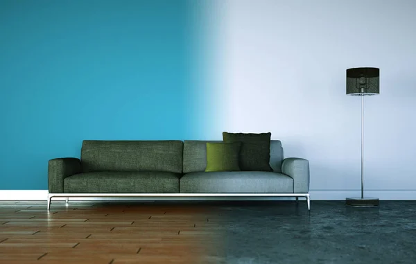 Habitación luminosa moderna de diseño interior con sofá gris —  Fotos de Stock