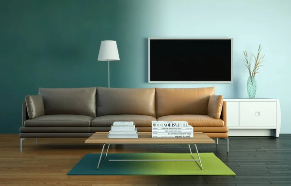 Interior design modern bright room with brown sofa — Stock Photo, Image