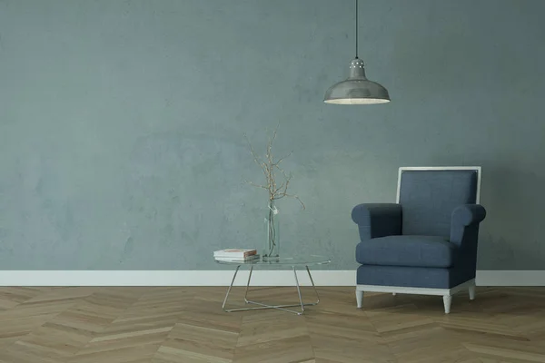 Ljust rum med blå stol framför en blå vägg — Stockfoto