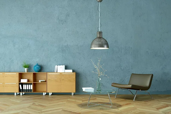 Mavi duvar önünde gri sandalye ile parlak Oda