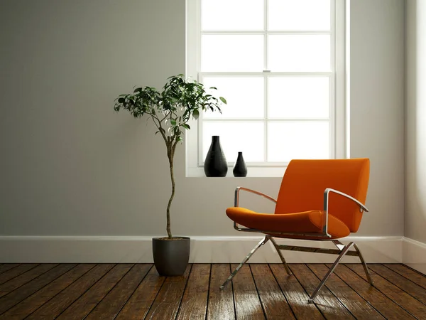 Bright room with orange armchair in front of a window
