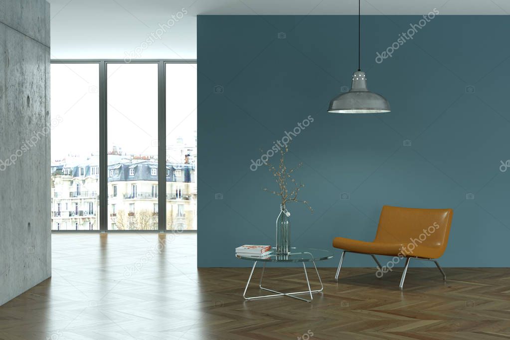 Bright room with brown chair in front of a blue wall