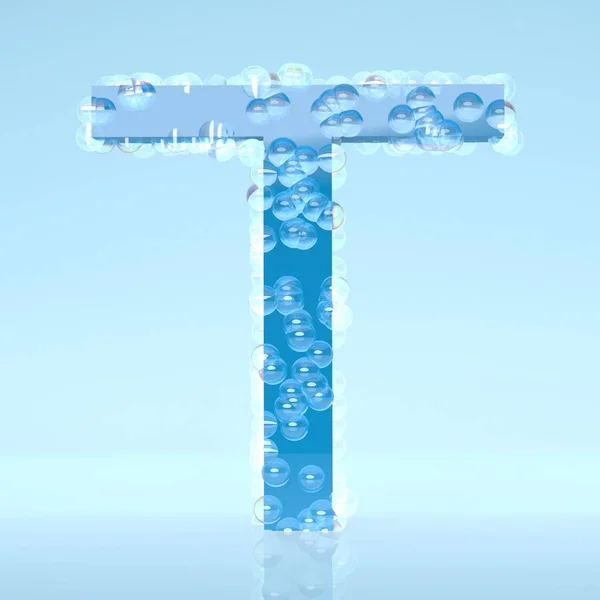 Blue Waterdrops letra T isolado no fundo azul claro — Fotografia de Stock