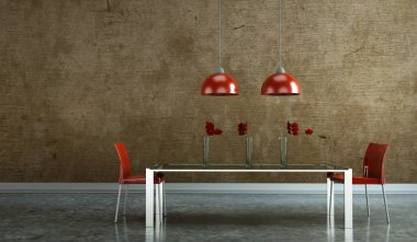 Kırmızı sandalye ile yemek odası iç tasarım donatmak