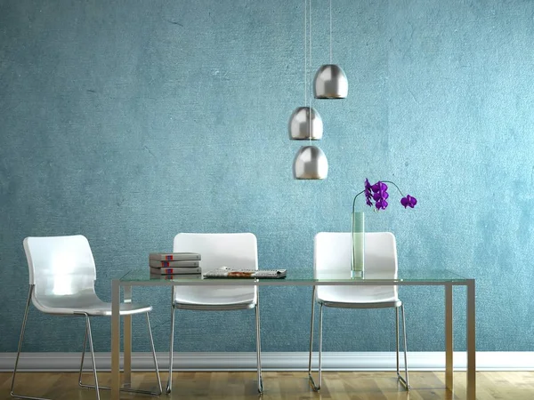 Sala de jantar design de interiores Tabel com cadeiras brancas — Fotografia de Stock