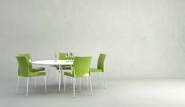Sala de jantar mesa de design de interiores com cadeiras verdes — Fotografia de Stock
