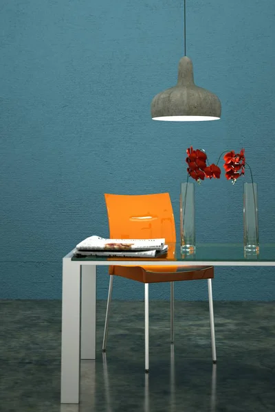 Дизайн інтер'єру їдальні з помаранчевими стільцями — стокове фото