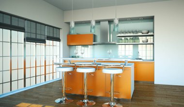 Çatı katında güzel bir tasarım ile modern turuncu mutfak