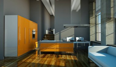 Çatı katında güzel bir tasarım ile modern turuncu mutfak