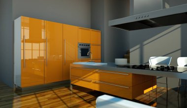 Çatı katında güzel bir tasarım ile modern turuncu mutfak
