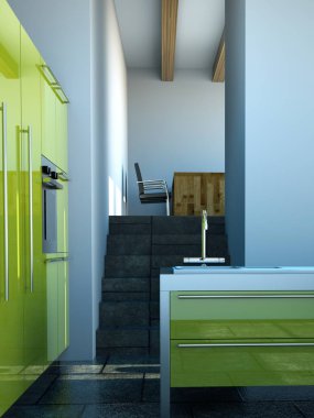 Çatı katında güzel bir tasarım ile modern yeşil mutfak