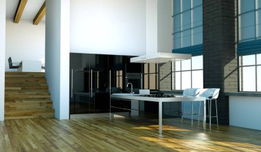 Çatı katında güzel bir tasarım ile modern mutfak