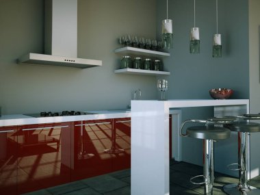 Çatı katında güzel bir tasarım ile modern kırmızı mutfak