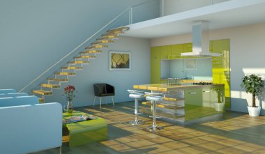 Çatı katında güzel bir tasarım ile modern yeşil mutfak