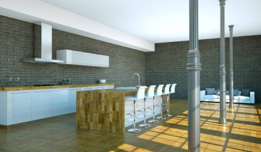 Çatı katında güzel bir tasarım ile modern mutfak