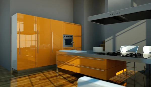 Modern orange kitchen in loft with a beautiful design — Stock Photo, Image