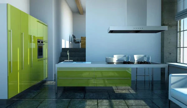 Современная зеленая кухня в мансарде с красивым дизайном — стоковое фото