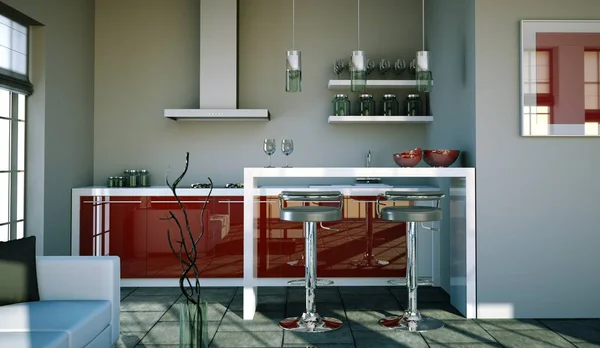 Dapur merah modern di apartemen dengan desain yang indah — Stok Foto