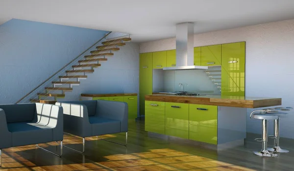 Cozinha verde moderna em loft com um belo design — Fotografia de Stock