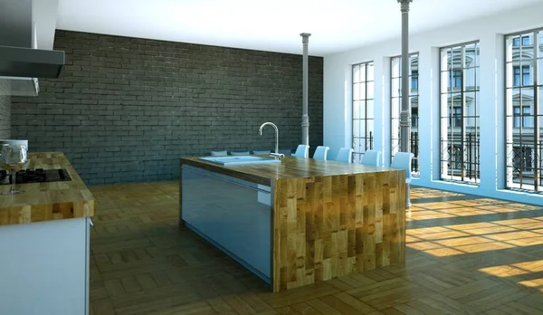 Cozinha moderna em loft com um belo design — Fotografia de Stock