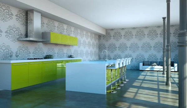 Cozinha verde moderna em loft com um belo design — Fotografia de Stock