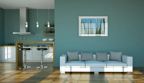 Moderna cocina verde en loft con un hermoso diseño — Foto de Stock