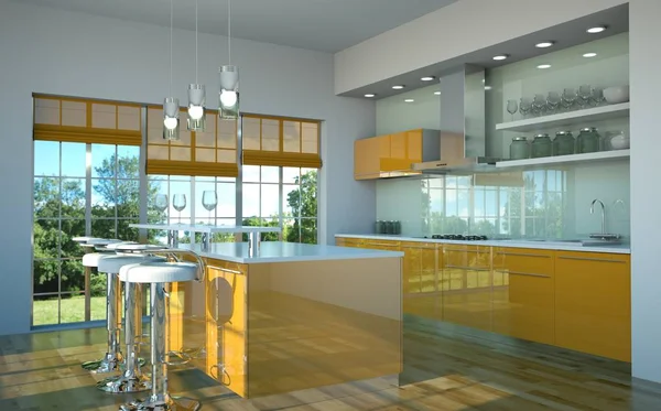 Cozinha laranja moderna em loft com um belo design — Fotografia de Stock