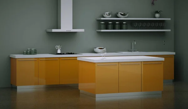 Modern orange kitchen in loft with a beautiful design